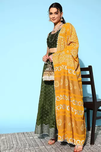 Dark Green Printed Art Silk lehenga choli