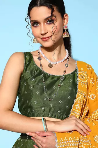 Dark Green Printed Art Silk lehenga choli
