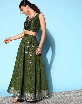 Dark Green Printed Art Silk lehenga choli 5