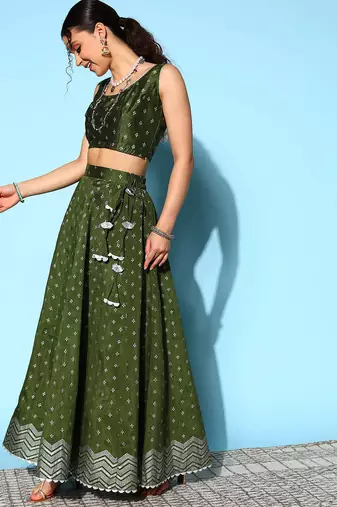 Dark Green Printed Art Silk lehenga choli