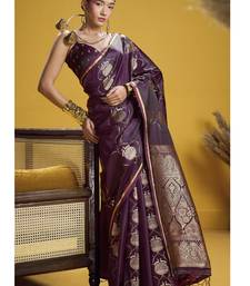 wine elegant pure satin weaving saree with matching satin blouse  soft shiny