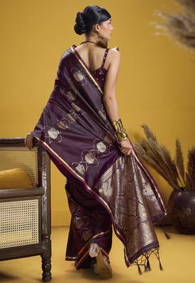 wine elegant pure satin weaving saree with matching satin blouse  soft shiny 2