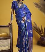 Royal blue elegant pure satin handloom weaving saree with matching satin handloom blouse – soft, shiny