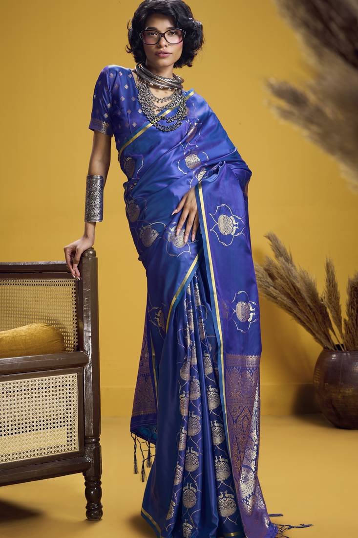 Royal blue elegant pure satin handloom weaving saree with matching satin handloom blouse – soft, shiny