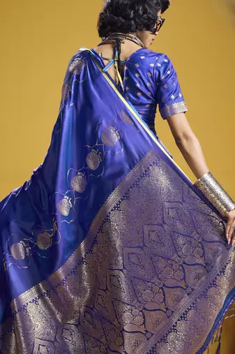 Royal blue elegant pure satin weaving saree with matching satin blouse  soft shiny