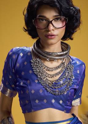 Royal blue elegant pure satin weaving saree with matching satin blouse  soft shiny 3