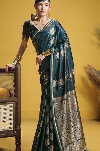 Rama green  elegant pure satin handloom weaving saree with matching satin handloom blouse – soft, shiny