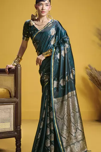 Rama green  elegant pure satin handloom weaving saree with matching satin handloom blouse – soft, shiny