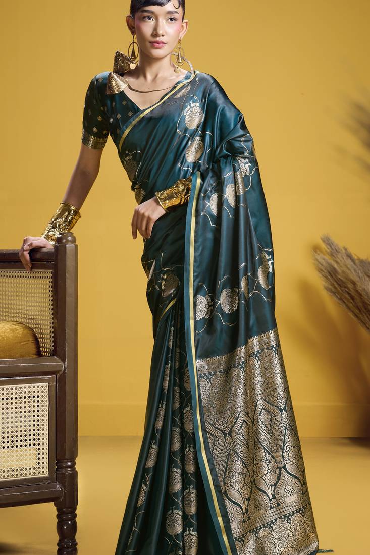 Rama green  elegant pure satin handloom weaving saree with matching satin handloom blouse – soft, shiny