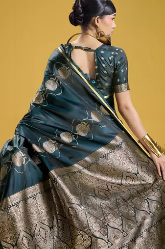 Rama green elegant pure satin weaving saree with matching satin blouse  soft shiny