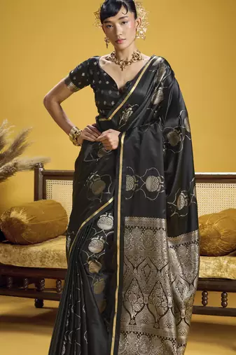 Black elegant pure satin handloom weaving saree with matching satin handloom blouse     soft, shiny