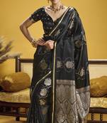 Black elegant pure satin handloom weaving saree with matching satin handloom blouse – soft, shiny