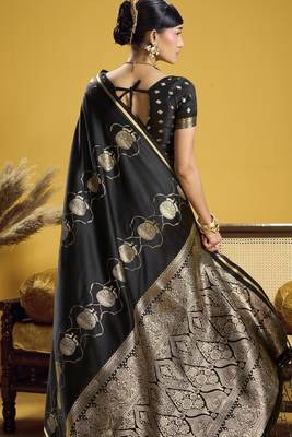 Black elegant pure satin weaving saree with matching satin blouse  soft shiny 2