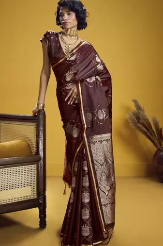 Maroon elegant pure satin handloom weaving saree with matching satin handloom blouse     soft, shiny
