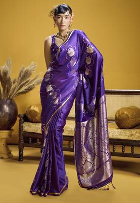 Purple elegant pure satin weaving saree with matching satin blouse  soft shiny 1