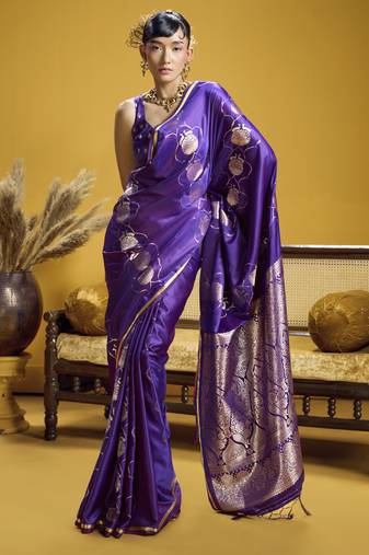 Purple elegant pure satin handloom weaving saree with matching satin handloom blouse     soft, shiny