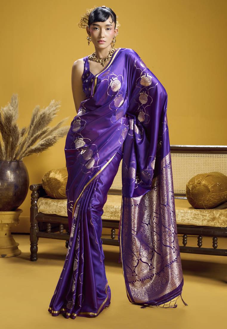 Purple elegant pure satin handloom weaving saree with matching satin handloom blouse – soft, shiny