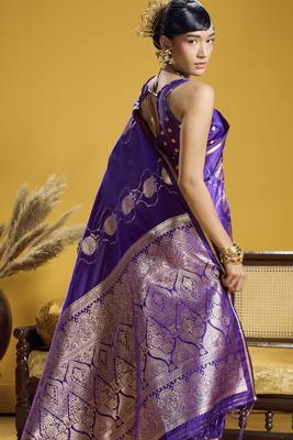 Purple elegant pure satin weaving saree with matching satin blouse  soft shiny 2