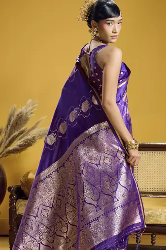 Purple elegant pure satin weaving saree with matching satin blouse  soft shiny