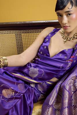 Purple elegant pure satin weaving saree with matching satin blouse  soft shiny 3