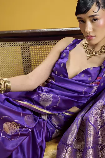 Purple elegant pure satin weaving saree with matching satin blouse  soft shiny