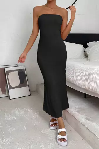 black polyester maxi dress with bodycon tube style
