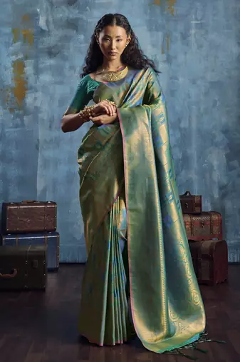 sea green elegant handloom weaving art silk saree with matching art silk blouse     traditional festival