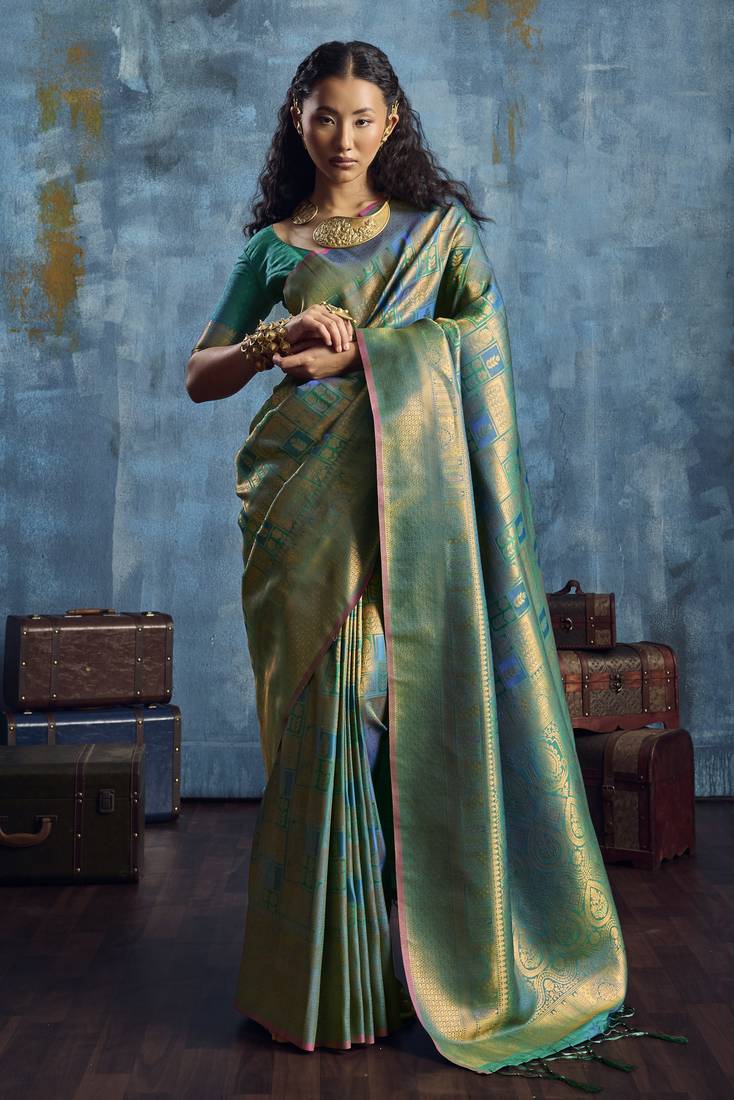 sea green elegant handloom weaving art silk saree with matching art silk blouse – traditional festival