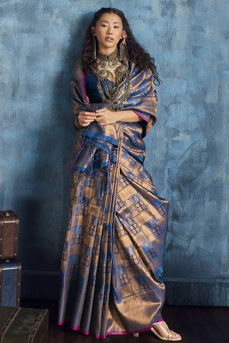 teal elegant handloom weaving art silk saree with matching art silk blouse – traditional festival