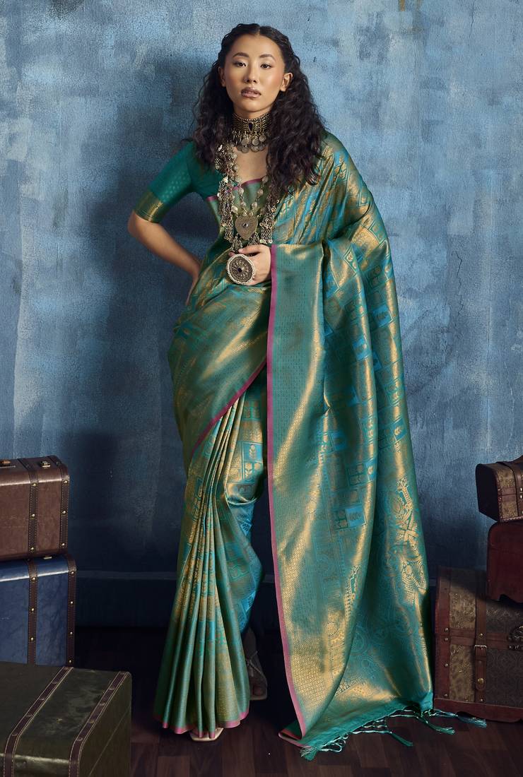 sky blue elegant handloom weaving art silk saree with matching art silk blouse – traditional festival