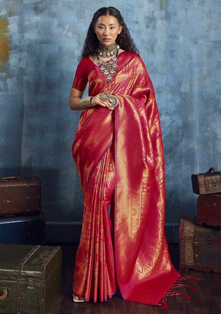 rani pink elegant handloom weaving art silk saree with matching art silk blouse – traditional festival