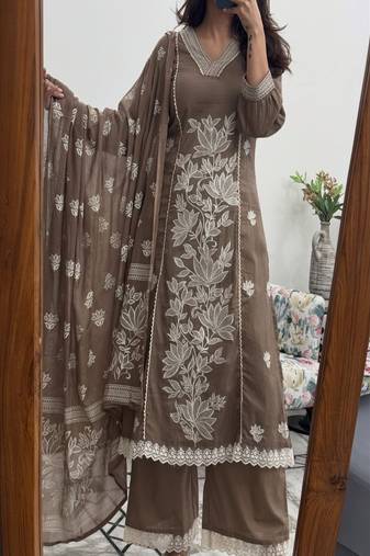 Floral embroidered v neck pure cotton kurta trouser & dupatta set