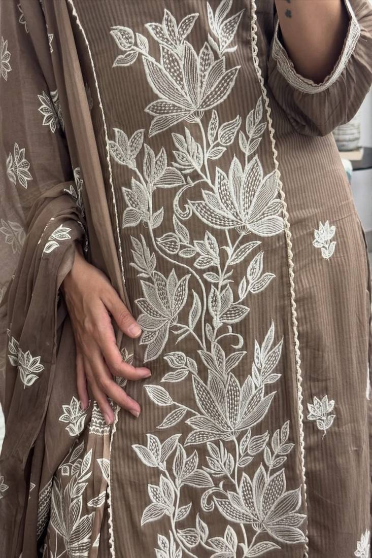 Floral embroidered v neck pure cotton kurta trouser & dupatta set