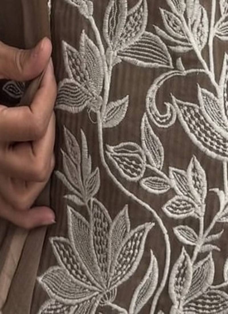 Floral embroidered v neck pure cotton kurta trouser & dupatta set