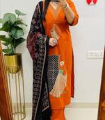 Floral embroidered v neck pure cotton kurta trouser & dupatta set