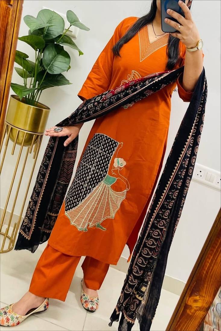 Floral embroidered v neck pure cotton kurta trouser & dupatta set