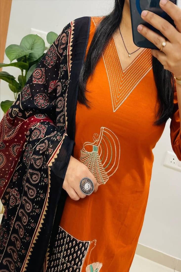 Floral embroidered v neck pure cotton kurta trouser & dupatta set