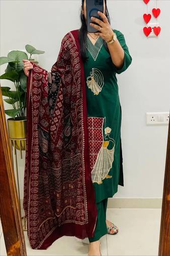 Floral embroidered v neck pure cotton kurta trouser & dupatta set