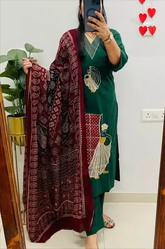 Floral embroidered v neck pure cotton kurta trouser & dupatta set