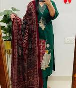 Floral embroidered v neck pure cotton kurta trouser & dupatta set