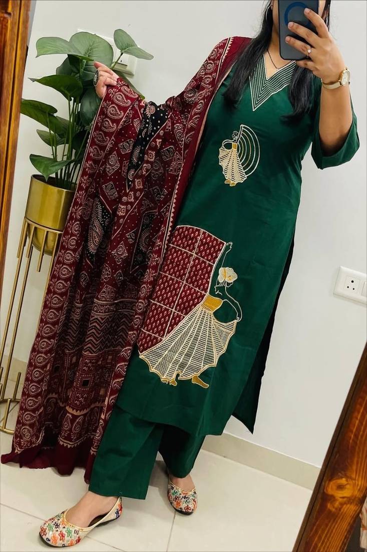 Floral embroidered v neck pure cotton kurta trouser & dupatta set