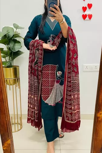 Floral embroidered v neck pure cotton kurta trouser & dupatta set