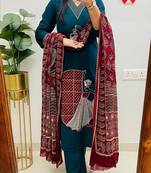 Floral embroidered v neck pure cotton kurta trouser & dupatta set