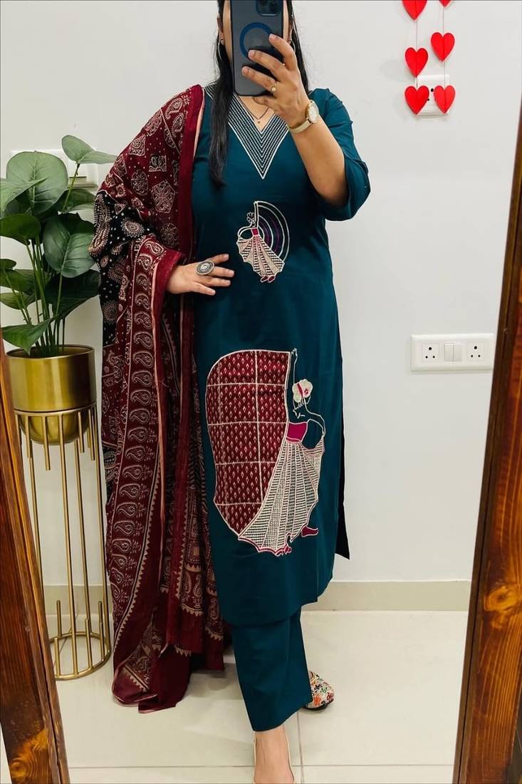 Floral embroidered v neck pure cotton kurta trouser & dupatta set