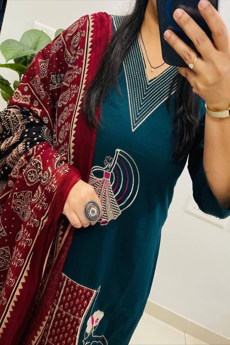 Floral embroidered v neck pure cotton kurta trouser & dupatta set