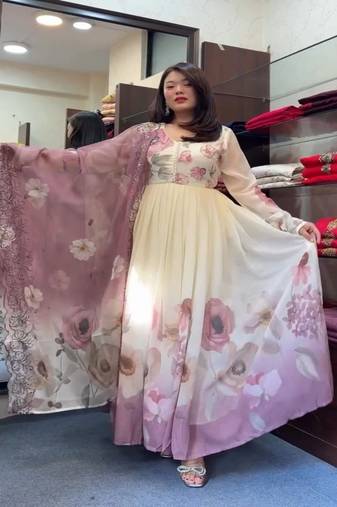 Floral printed v neck silk kurta with trouser and dupatta