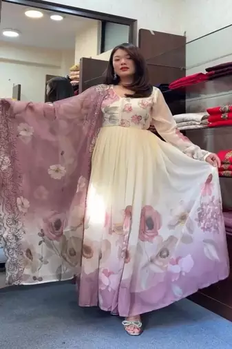 Floral printed v neck silk kurta with trouser and dupatta