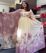 Floral printed v neck silk kurta with trouser and dupatta