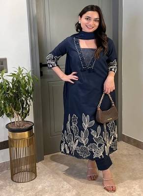Floral embroidered blue  cotton  kurta trouser and dupatta set 1