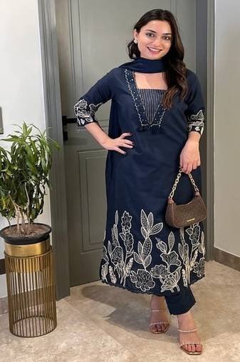 Floral embroidered blue pure cotton  kurta trouser and dupatta set